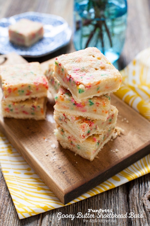 These bars are so gooey and perfect...the sprinkles are a must! Funfetti Gooey Butter Shortbread Bars from thelittlekitchen.net