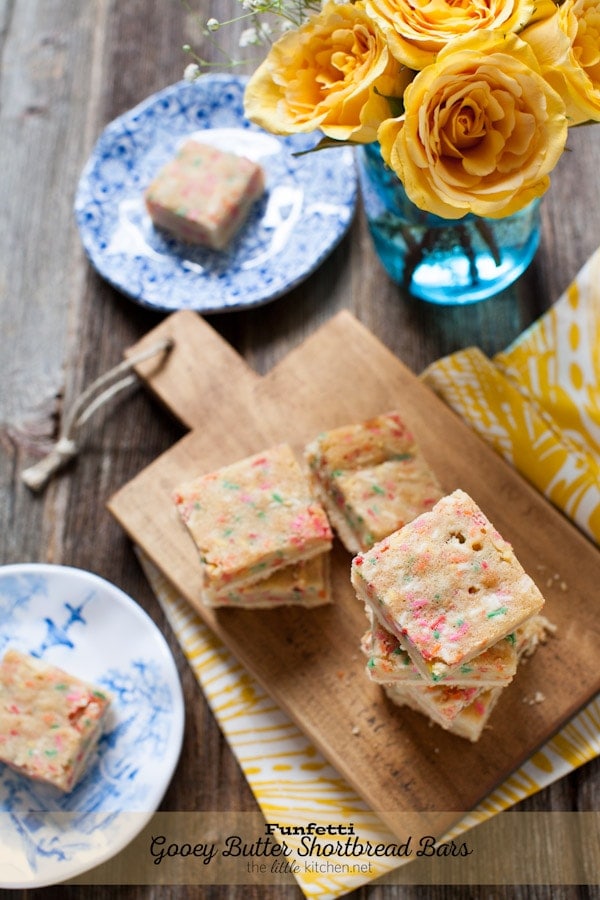 These bars are so gooey and perfect...the sprinkles are a must! Funfetti Gooey Butter Shortbread Bars from thelittlekitchen.net