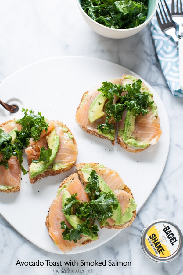 This toast is so simple yet amazing...because of the addition of smoked salmon! Avocado Toast with Smoked Salmon and Kale from thelittlekitchen.net