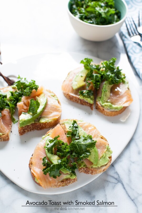 This toast is so simple yet amazing...because of the addition of smoked salmon! Avocado Toast with Smoked Salmon and Kale from thelittlekitchen.net