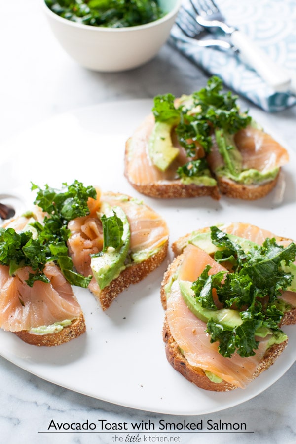 This toast is so simple yet amazing...because of the addition of smoked salmon! Avocado Toast with Smoked Salmon and Kale from thelittlekitchen.net