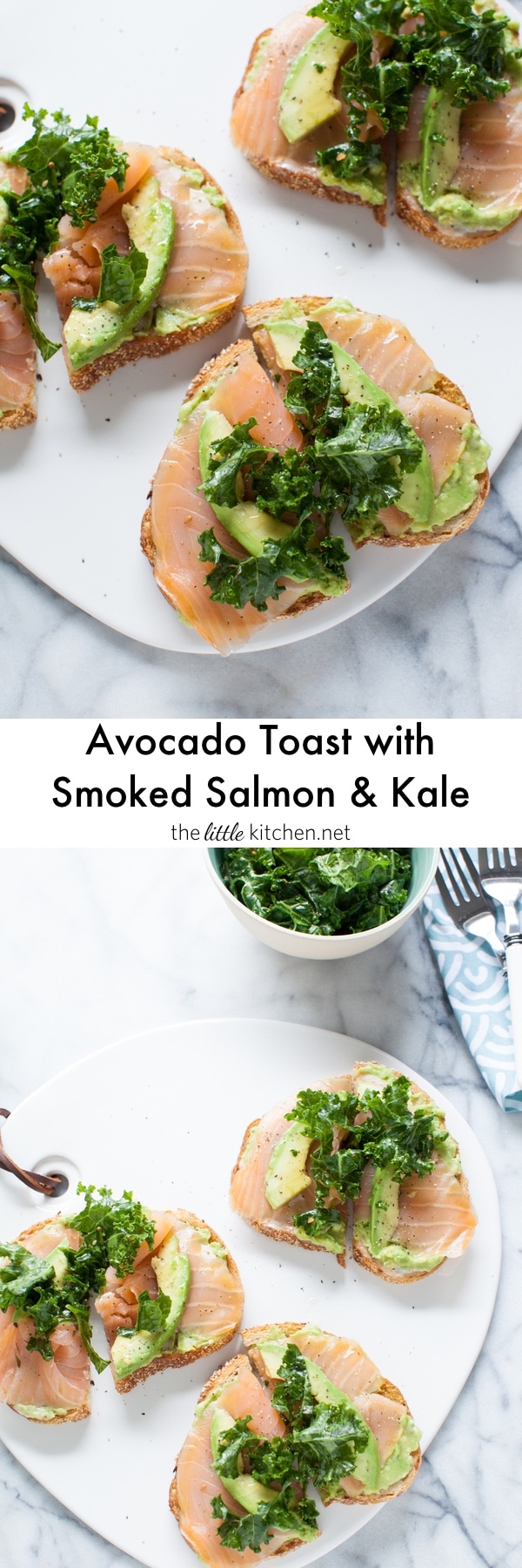 This toast is so simple yet amazing...because of the addition of smoked salmon! Avocado Toast with Smoked Salmon and Kale from thelittlekitchen.net