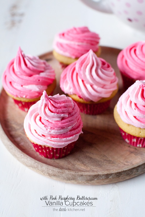 Vanilla Cupcakes with Pink Raspberry Buttercream from thelittlekitchen.net