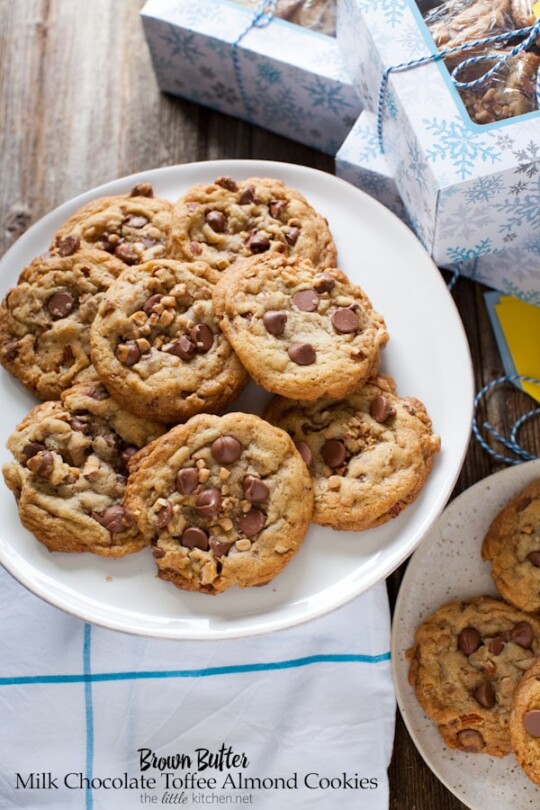 Brown Butter Milk Chocolate Toffee Almond Cookies from thelittlekitchen.net