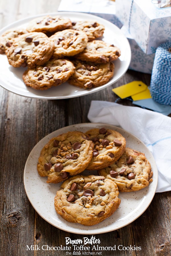Brown Butter Milk Chocolate Toffee Almond Cookies from thelittlekitchen.net
