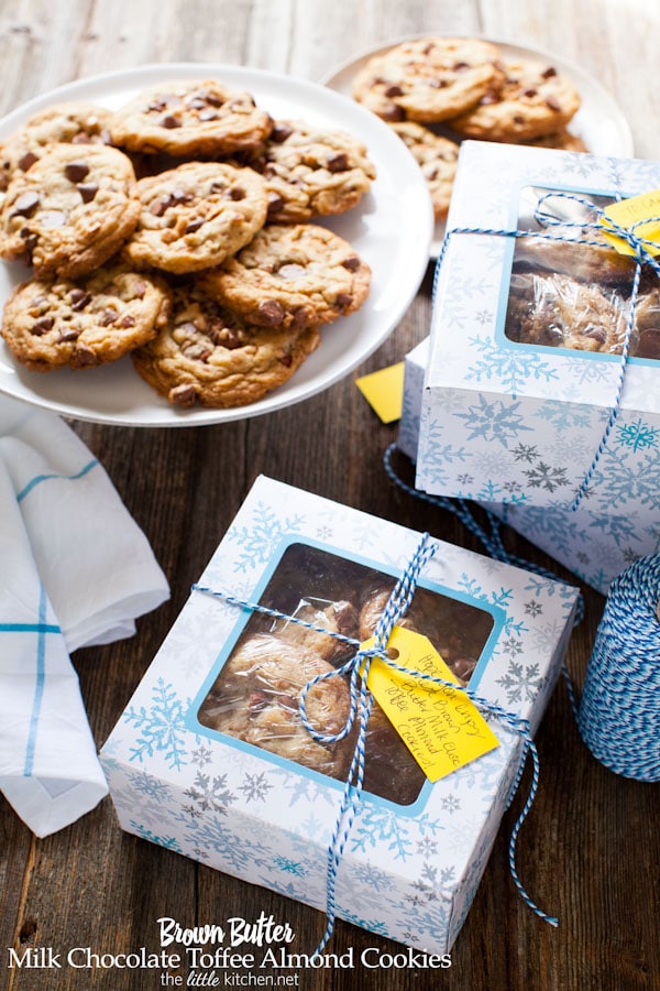 Brown Butter Milk Chocolate Toffee Almond Cookies from thelittlekitchen.net