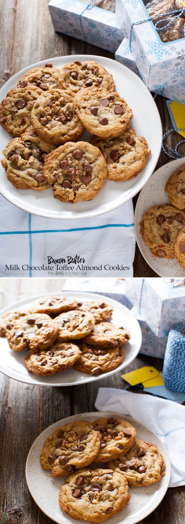 Brown Butter Milk Chocolate Toffee Almond Cookies from thelittlekitchen.net