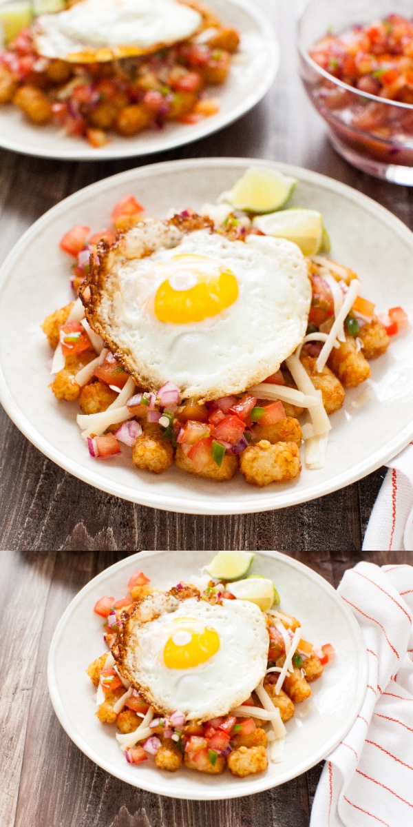 Totchos (tater tot nachos) with a fried egg on top! from thelittlekitchen.net