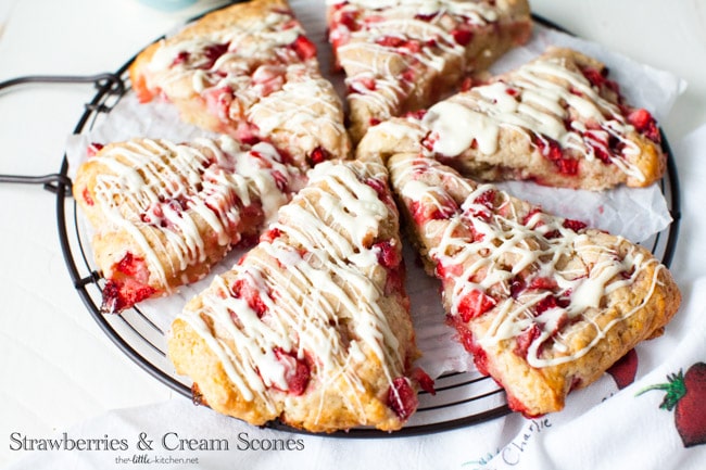 Strawberries and Cream Scones with White Chocolate Glaze from thelittlekitchen.net