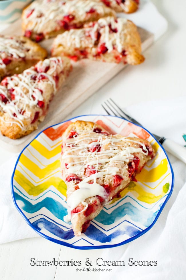 Strawberries and Cream Scones with White Chocolate Glaze from thelittlekitchen.net