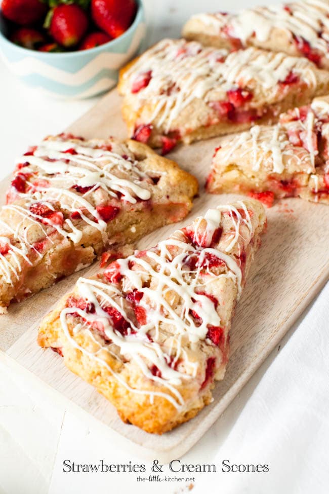 Strawberries and Cream Scones with White Chocolate Glaze from thelittlekitchen.net