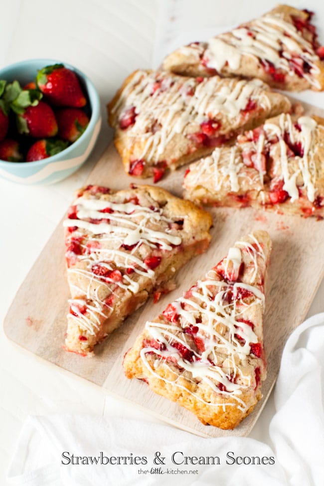 Strawberries and Cream Scones with White Chocolate Glaze from thelittlekitchen.net