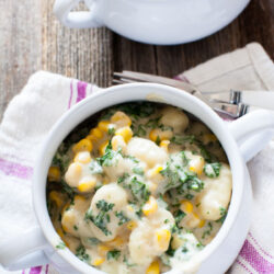 Brown Butter Gnocchi Mac & Cheese with Kale and Corn from thelittlekitchen.net