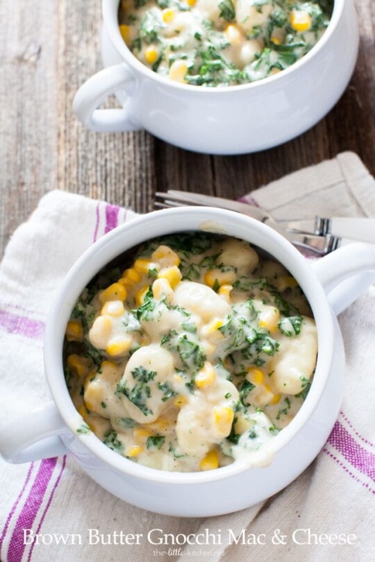 Brown Butter Gnocchi Mac & Cheese with Kale and Corn from thelittlekitchen.net