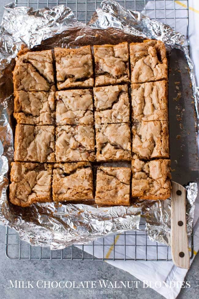 Milk Chocolate Walnut Blondies from thelittlekitchen.net