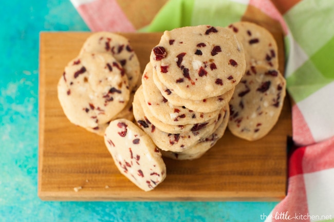 Cranberry White Chocolate Shortbread Cookies from thelittlekitchen.net