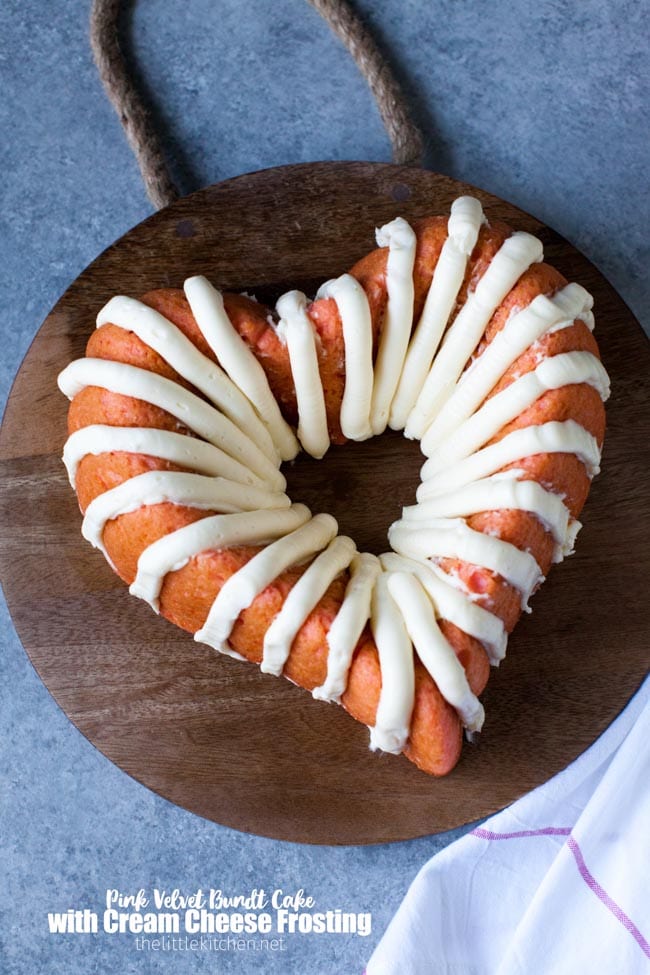 Heart-Shaped Pink Velvet Bundt Cake with Cream Cheese Frosting from thelittlekitchen.net