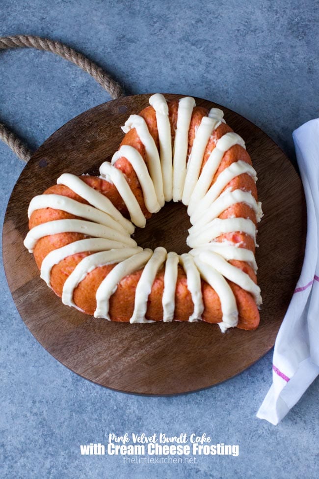 Heart-Shaped Pink Velvet Bundt Cake with Cream Cheese Frosting from thelittlekitchen.net