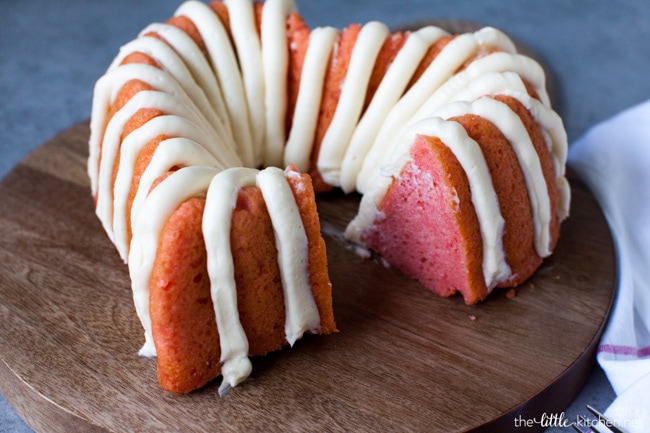 Heart-Shaped Pink Velvet Bundt Cake with Cream Cheese Frosting from thelittlekitchen.net