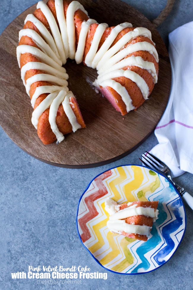 Heart-Shaped Pink Velvet Bundt Cake with Cream Cheese Frosting from thelittlekitchen.net