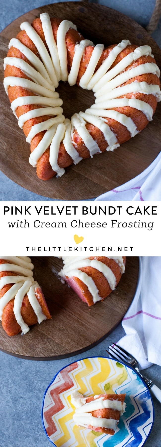 Heart-Shaped Pink Velvet Bundt Cake with Cream Cheese Frosting from thelittlekitchen.net