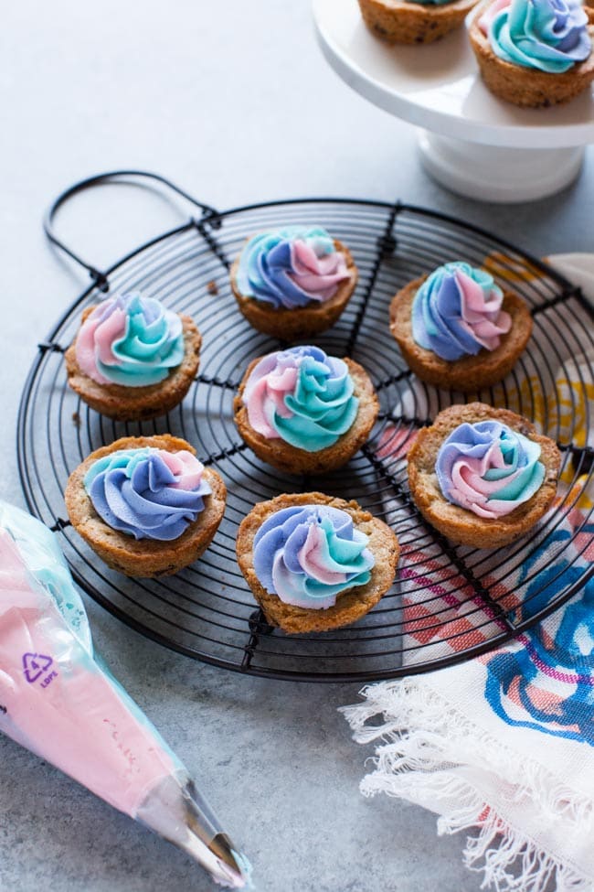 Chocolate Chip Cookie Cups with Unicorn Frosting from thelittlekitchen.net