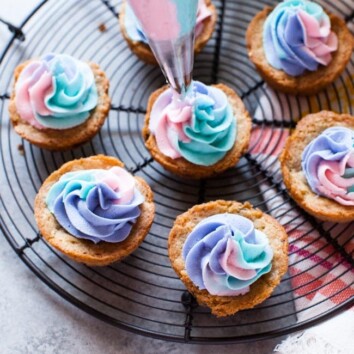 Chocolate Chip Cookie Cups with Unicorn Frosting from thelittlekitchen.net