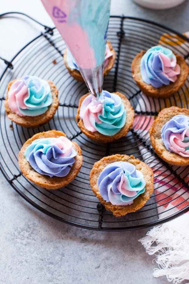 Chocolate Chip Cookie Cups with Unicorn Frosting from thelittlekitchen.net