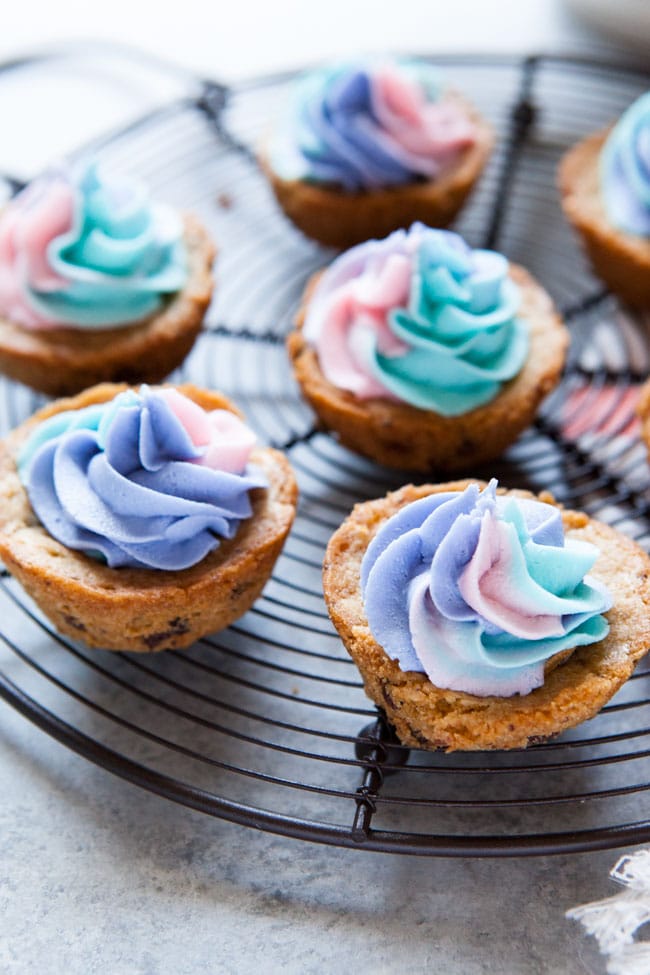 Chocolate Chip Cookie Cups with Unicorn Frosting from thelittlekitchen.net