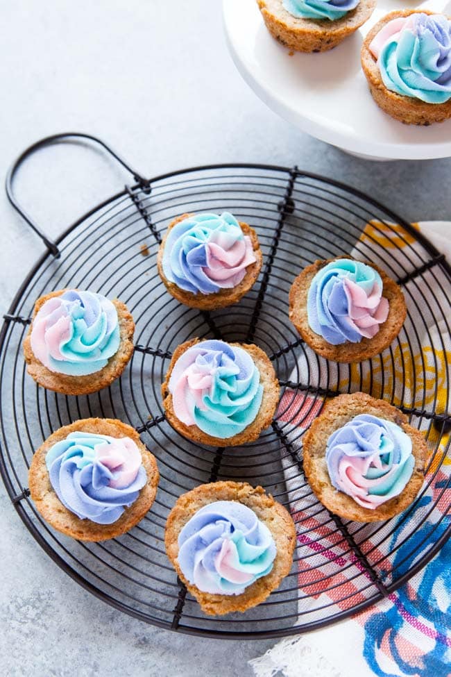 Chocolate Chip Cookie Cups with Unicorn Frosting from thelittlekitchen.net