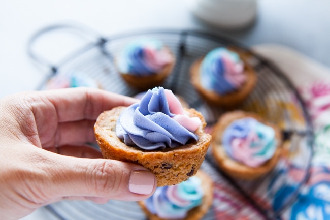 Chocolate Chip Cookie Cups with Unicorn Frosting from thelittlekitchen.net