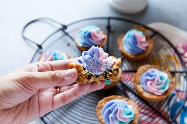 Chocolate Chip Cookie Cups with Unicorn Frosting from thelittlekitchen.net