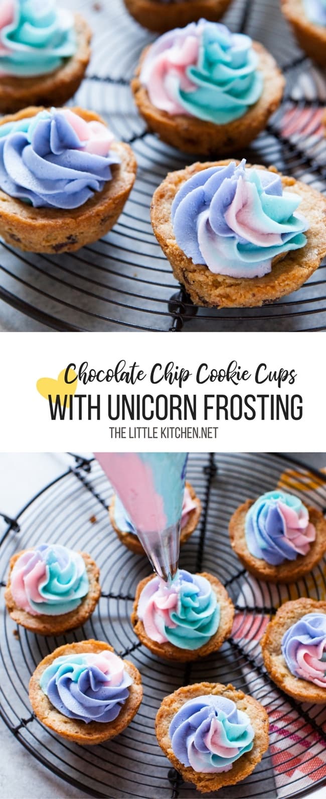 Chocolate Chip Cookie Cups with Unicorn Frosting from thelittlekitchen.net