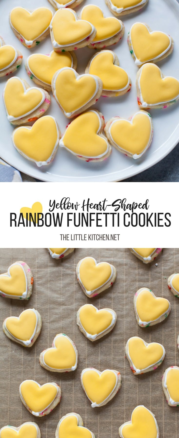 Yellow Heart-Shaped Rainbow Funfetti Cookies from thelittlekitchen.net