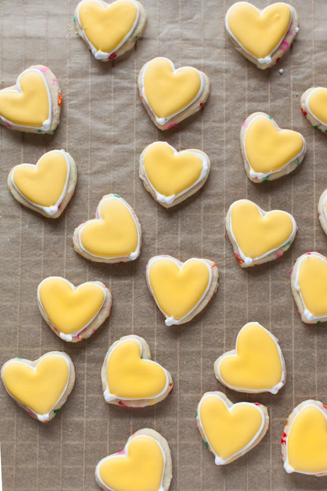 Yellow Heart-Shaped Rainbow Funfetti Cookies from thelittlekitchen.net