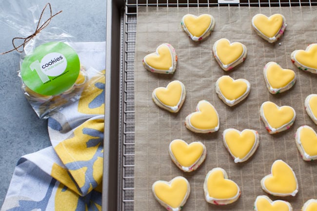 Yellow Heart-Shaped Rainbow Funfetti Cookies from thelittlekitchen.net