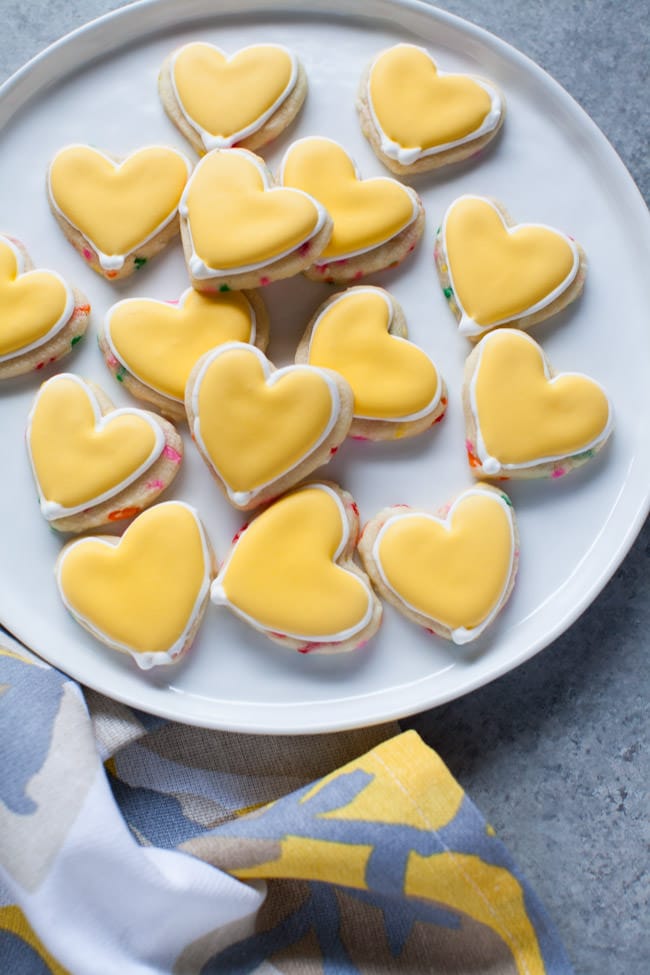 Yellow Heart-Shaped Rainbow Funfetti Cookies from thelittlekitchen.net