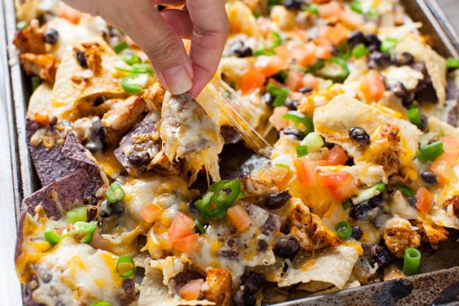 Sheet Pan Chicken Nachos from thelittlekitchen.net