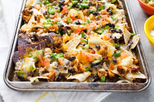 Sheet Pan Chicken Nachos from thelittlekitchen.net