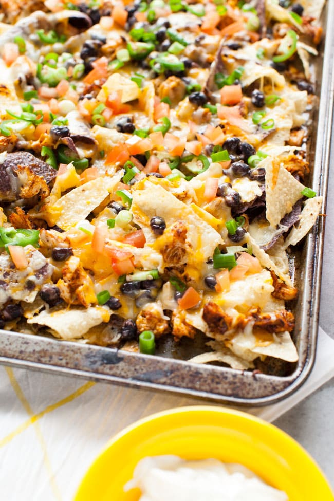 Sheet Pan Chicken Nachos from thelittlekitchen.net