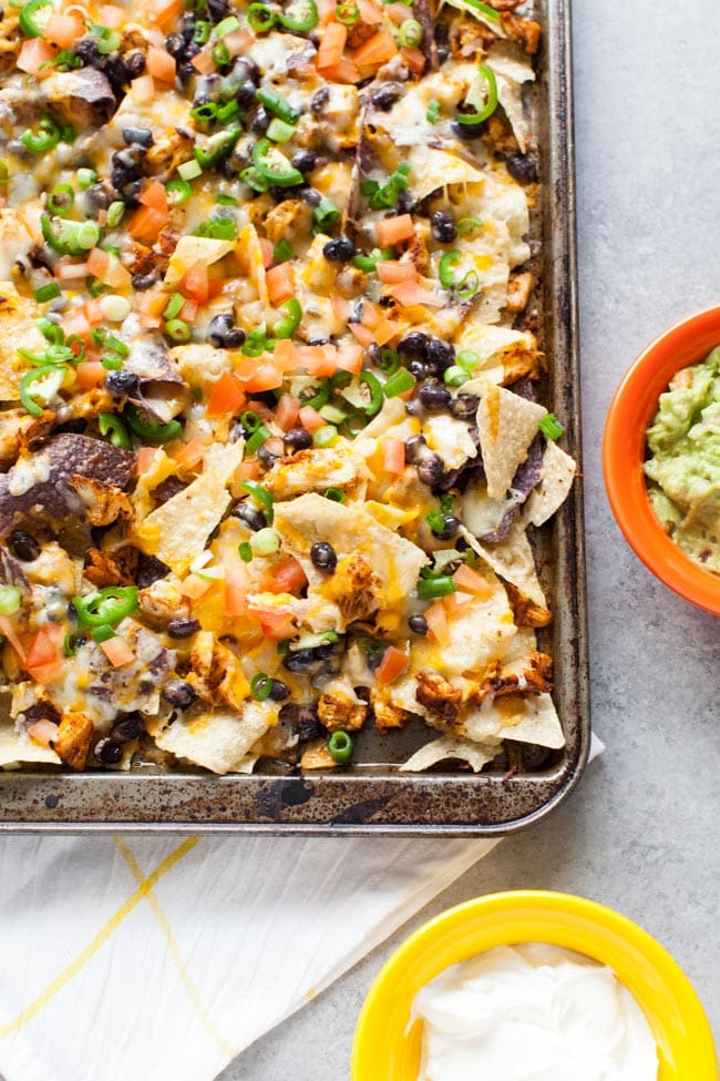 Sheet Pan Chicken Nachos from thelittlekitchen.net