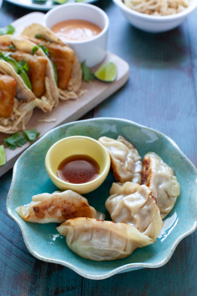Asian Fish Tacos with Pork Dumplings from thelittlekitchen.net