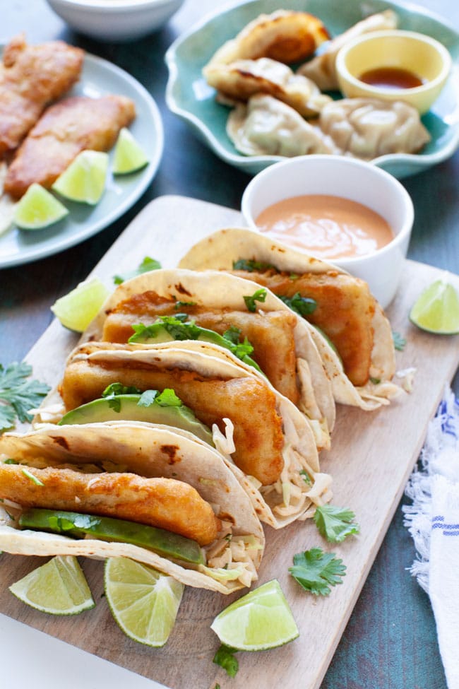 Asian Fish Tacos with Pork Dumplings from thelittlekitchen.net