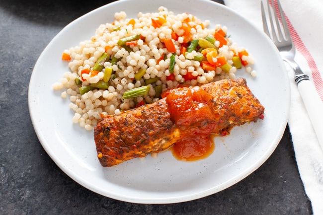 Salmon with Roasted Vegetable Couscous from thelittlekitchen.net