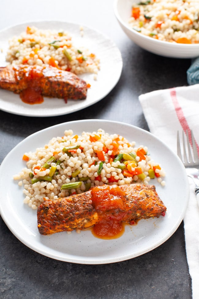 Salmon with Roasted Vegetable Couscous from thelittlekitchen.net