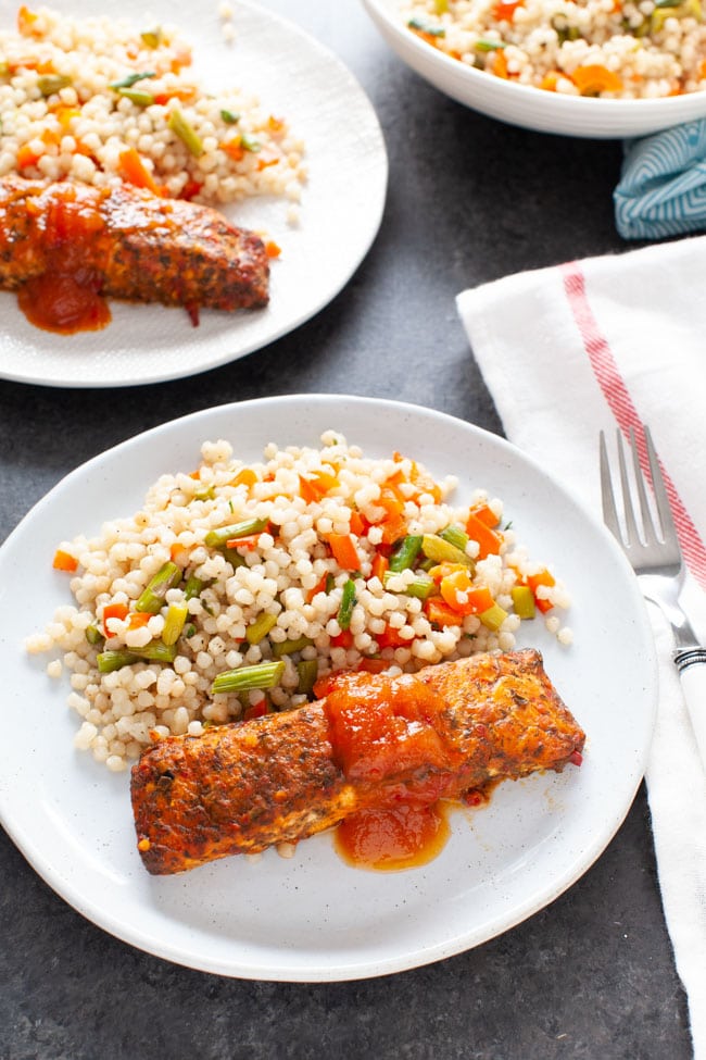 Salmon with Roasted Vegetable Couscous from thelittlekitchen.net