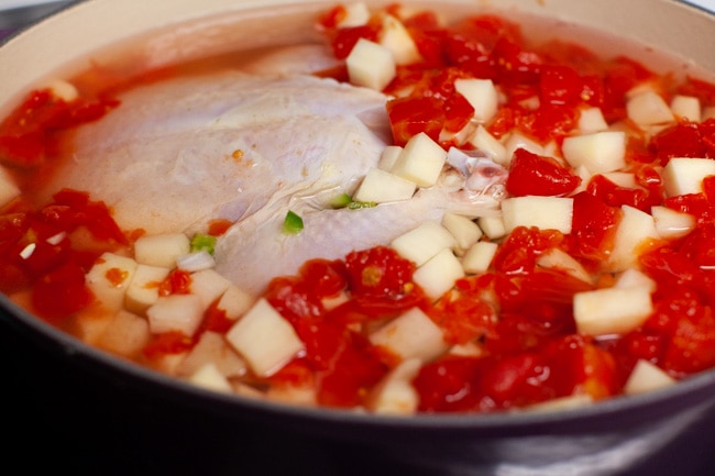 spicy chicken soup with ingredients and water