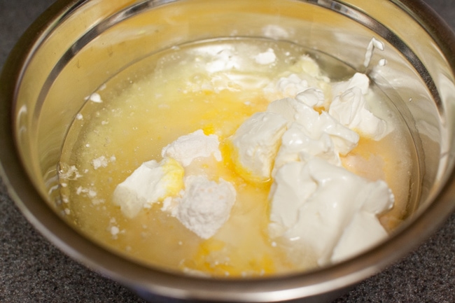 Mixing bowl with cake ingredients