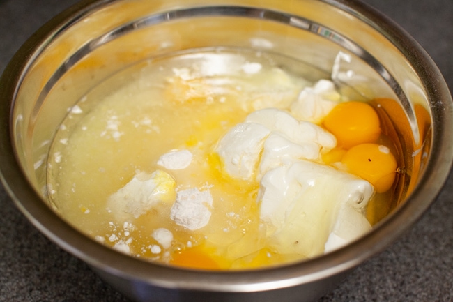 Mixing bowl with cake ingredients