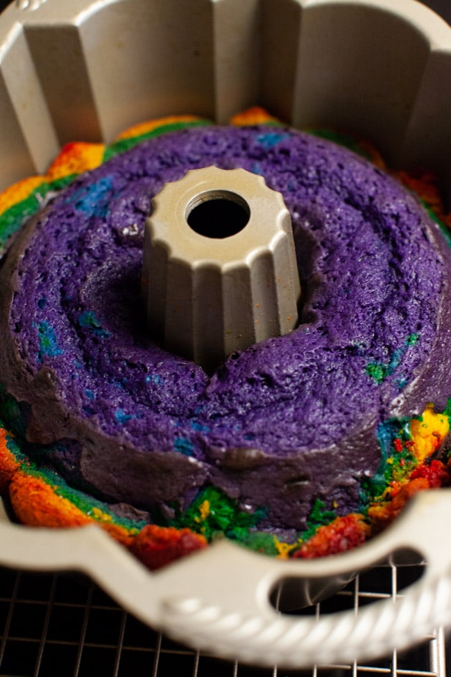 Baked rainbow Bundt cake in Bundt cake pan